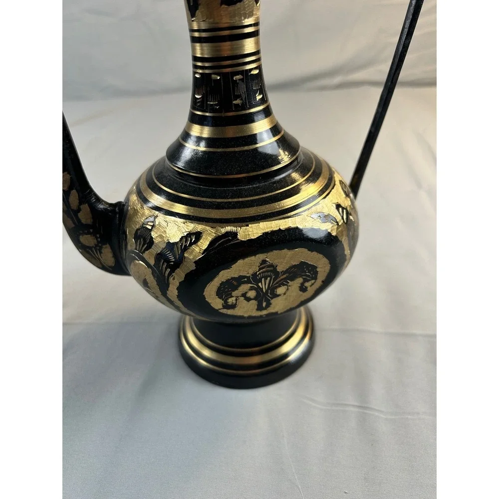 Vintage Brass And Black Etched Surahi Vessel - 18‎ 1/2